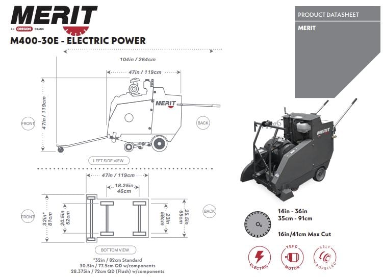 M400 30HP Electric Front Pivot 4-Speed Merit Walk Behind Saw